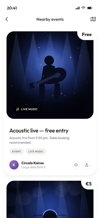List of nearby events, with the nights out proposed by the venues around you