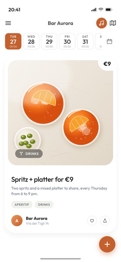 The Spunto venue area: the day selector at the top and the offer published by the venue