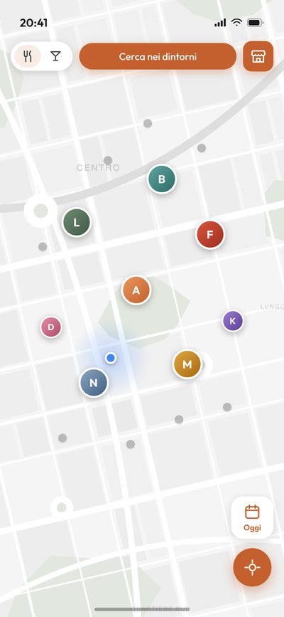 La mappa di Spunto con i marker dei locali intorno alla posizione dell’utente