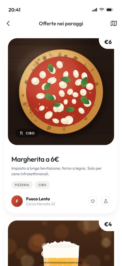 La lista delle offerte nei paraggi, con foto, prezzo e nome del locale